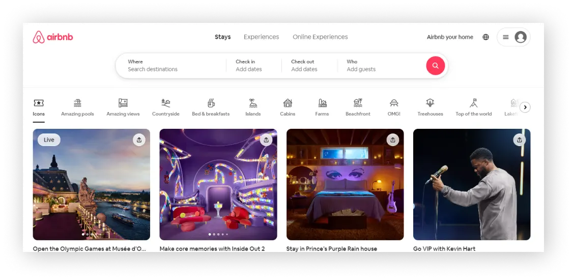 Airbnb travel website homepage design example