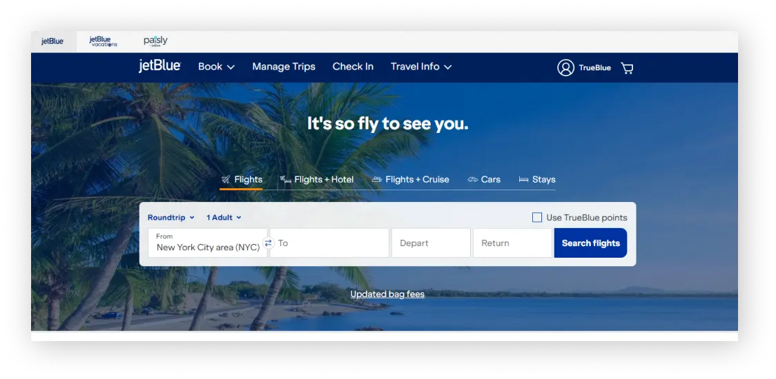 JetBlue airline travel website design example