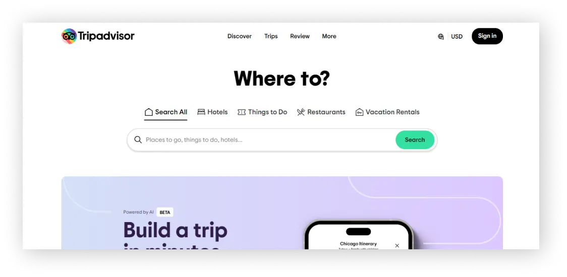 Trip Advisor Travel Website Design Example